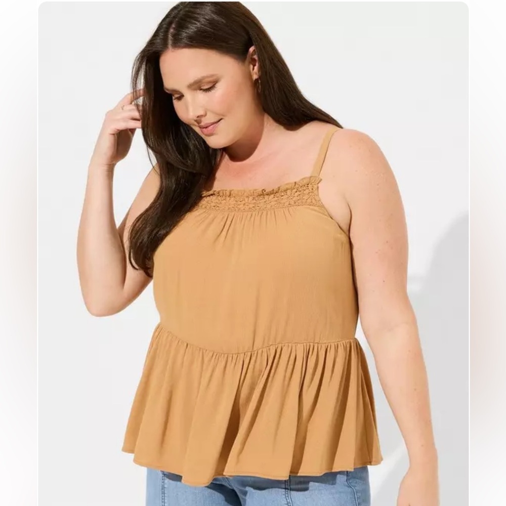 TORRID Crinkle Gauze Crochet Ruffle Tank in Biscuit 3X Tan Boho
